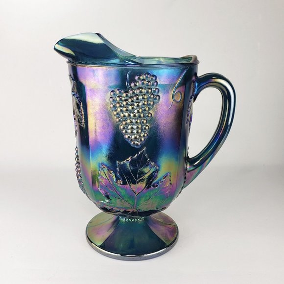 VTG Iridescent Electric Blue Purple Carnival Glass Pitcher Grape & Leaf Pattern - Picture 3 of 9